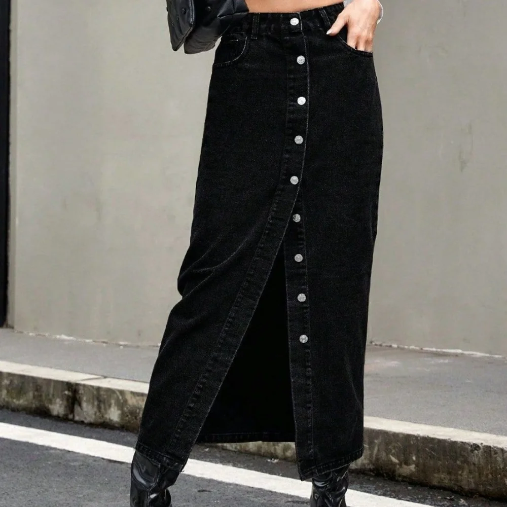 Black Button-Down Denim Skirt